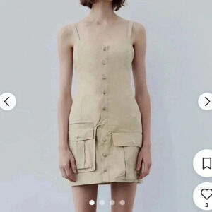 Zara Women’s Khaki Dress Cargo Style Adjustable Straps‎ Front Pocket Casual S